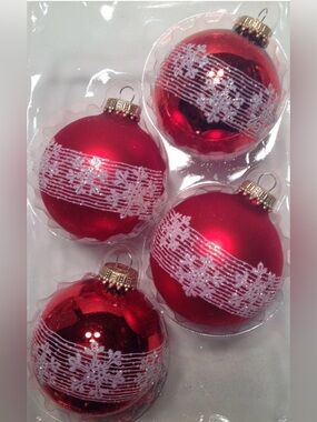 Krebs Christmas Ornament Set 4 Glittery Band Snowflake Red Glass Balls